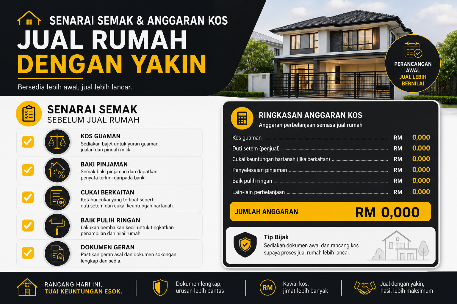 Senarai semak dan ringkasan bajet untuk pemilik yang mahu jual rumah.