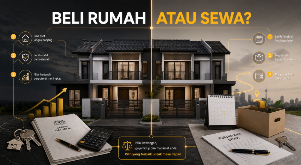 Infografik premium beli rumah atau sewa untuk pasaran hartanah Malaysia.