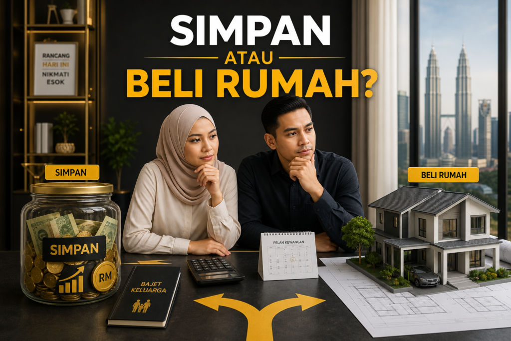 Visual perbandingan simpan duit atau beli rumah dalam gaya editorial premium.