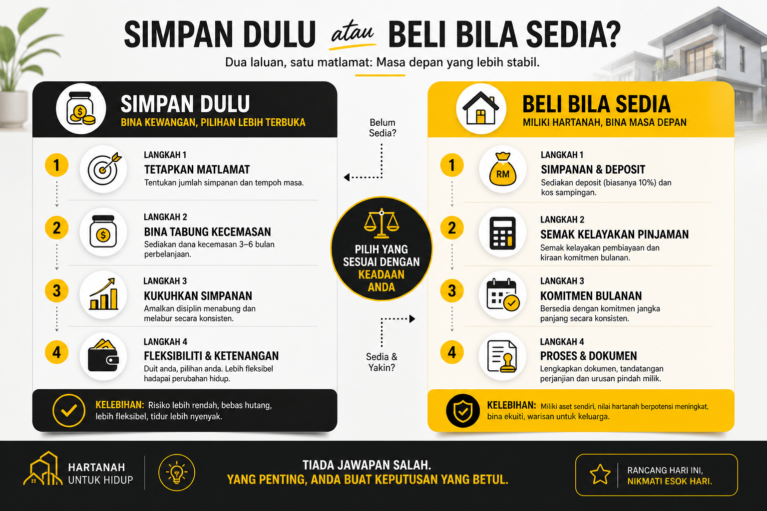 Infografik perbandingan langkah simpan dahulu atau beli rumah mengikut kemampuan.