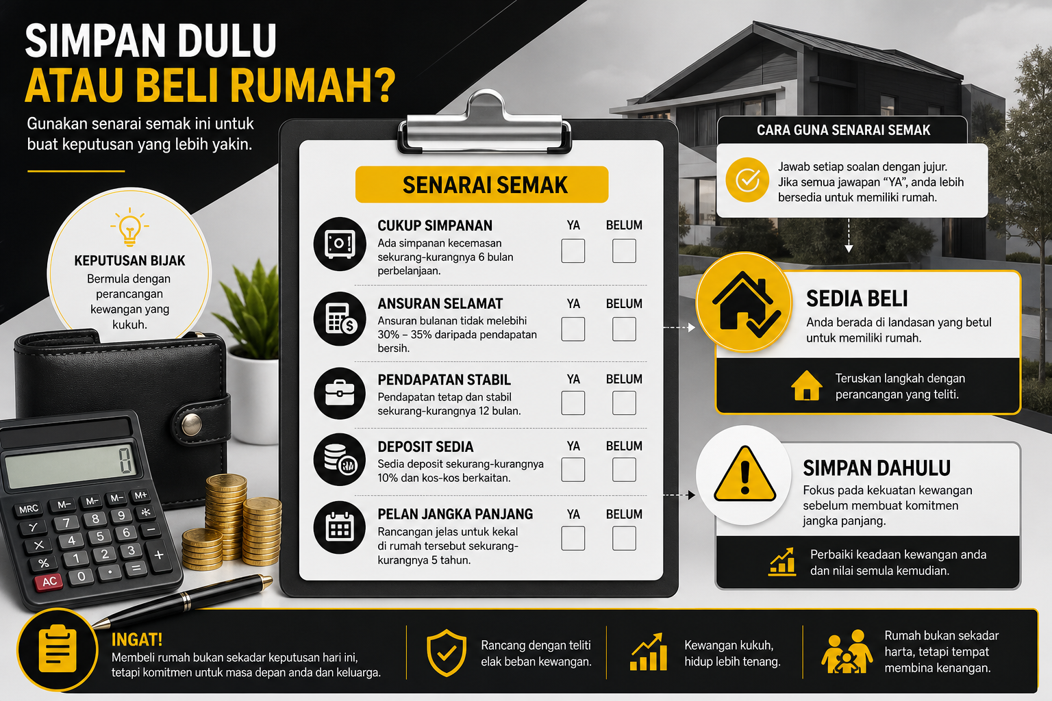 Infografik senarai semak keputusan kewangan untuk pilih simpan duit atau beli rumah.