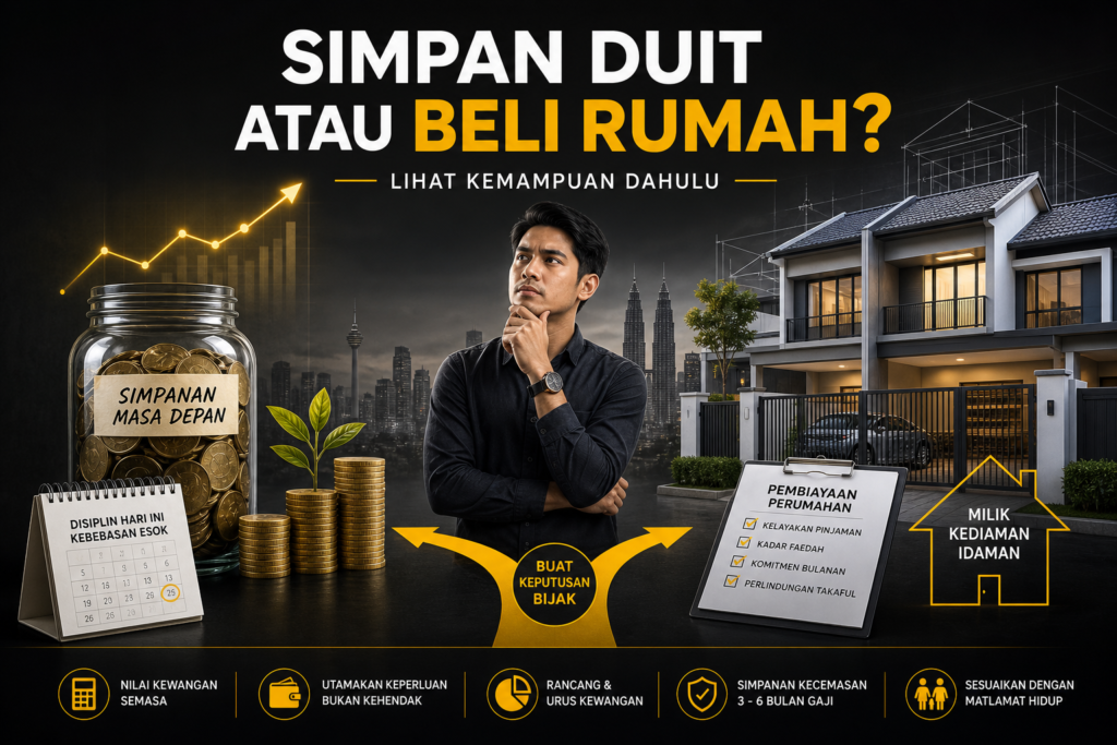 Visual editorial perbandingan simpan duit atau beli rumah dengan rumah, duit dan ikon keputusan kewangan.