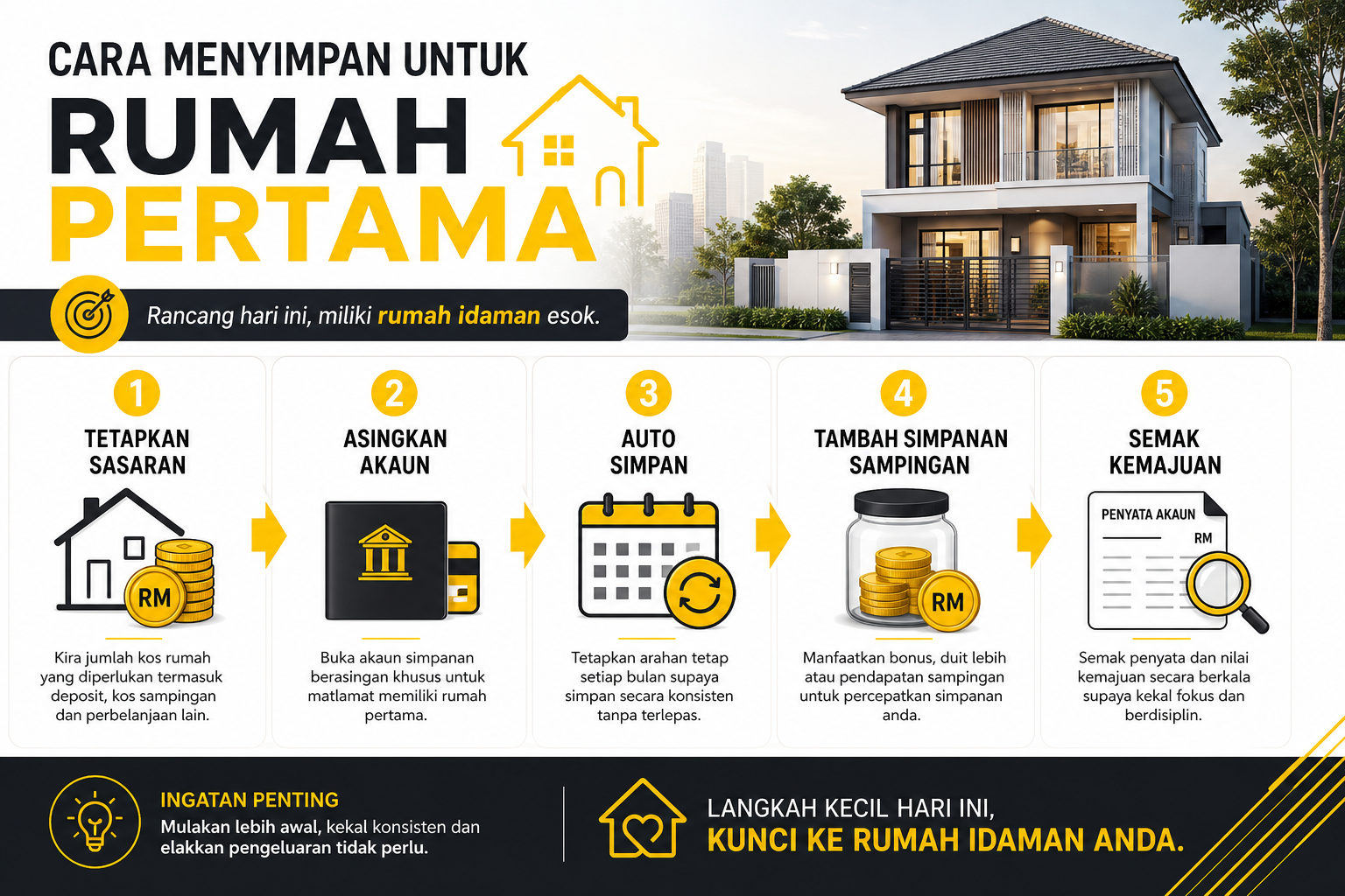 Infografik langkah demi langkah cara menyimpan untuk rumah pertama dalam Bahasa Melayu.
