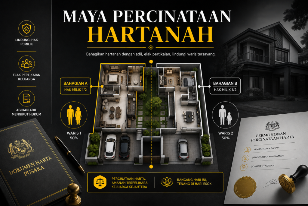 Ilustrasi premium maya percinataan hartanah dengan pembahagian bahagian rumah dan dokumen pemilikan.