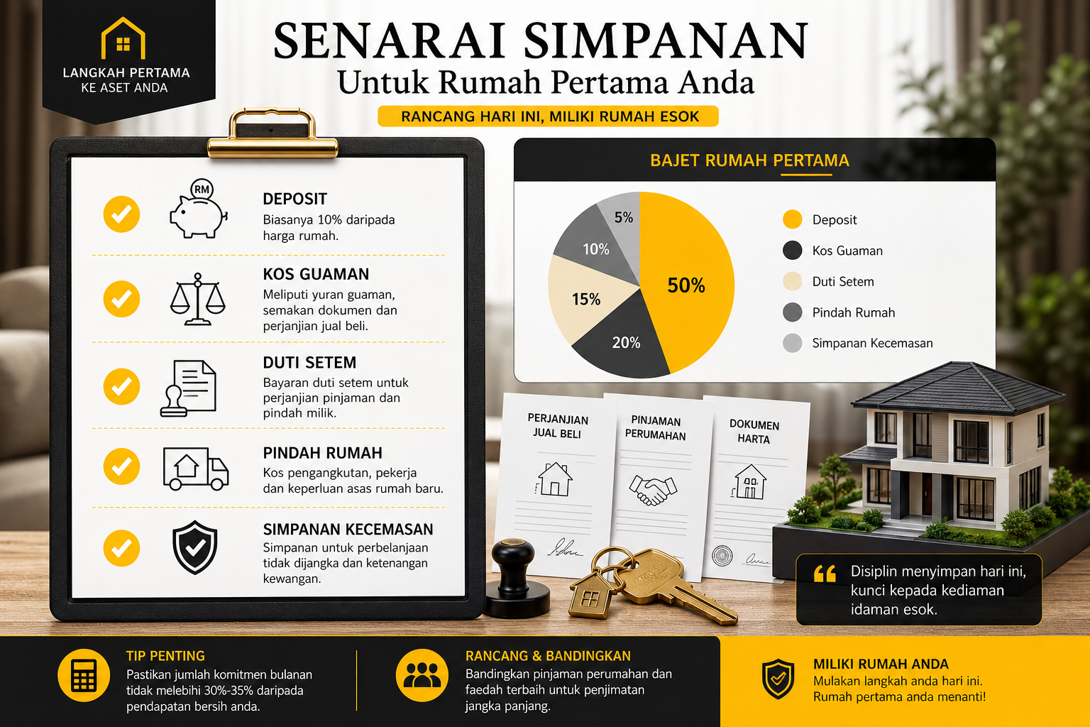 Senarai semak simpanan dan pecahan kos untuk rumah pertama dalam Bahasa Melayu.
