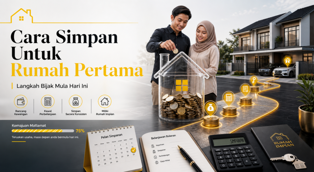Cara menyimpan untuk rumah pertama dengan visual editorial premium bertema simpanan dan bajet rumah.
