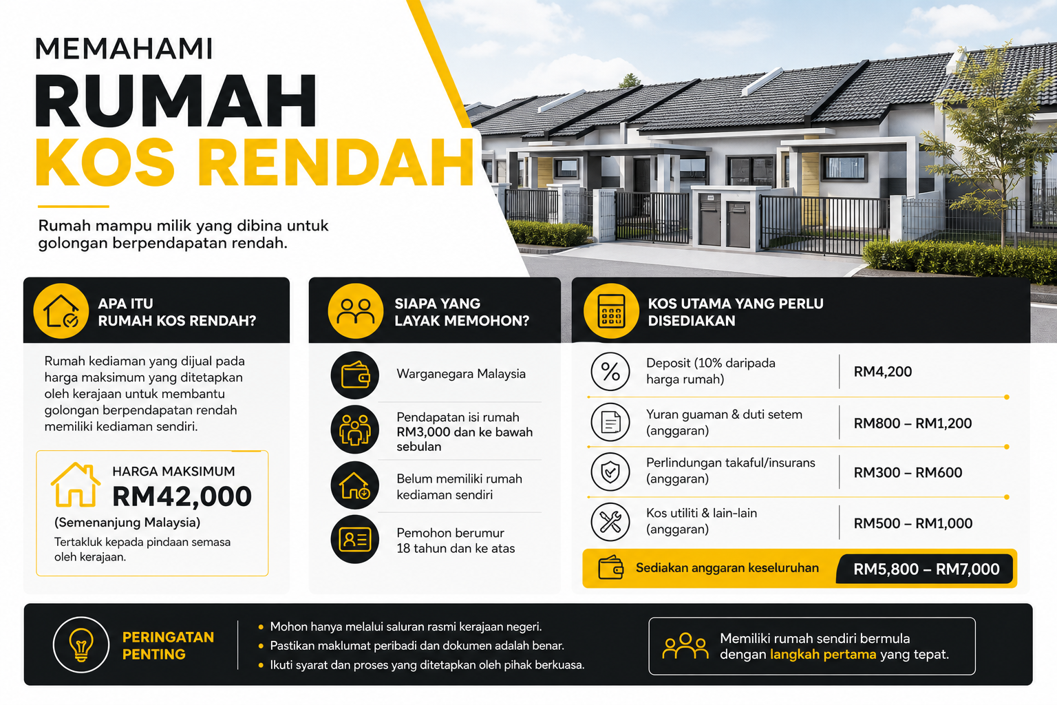 Infografik rumah kos rendah Malaysia tentang kelayakan, kos dan semakan penting sebelum beli