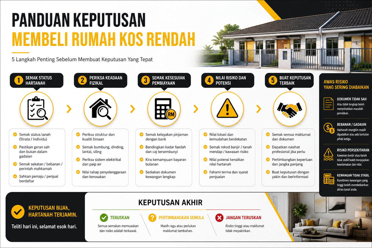 Panduan keputusan rumah kos rendah dengan checklist semakan kelayakan, kos dan risiko sebelum beli