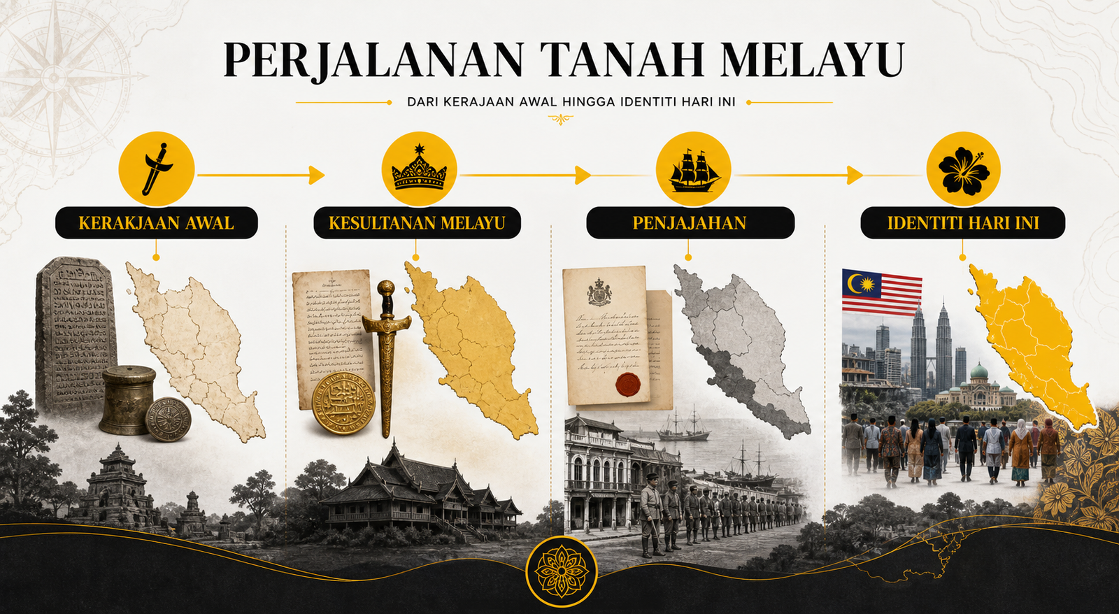 Infografik garis masa asal usul Tanah Melayu daripada kerajaan awal hingga identiti hari ini.