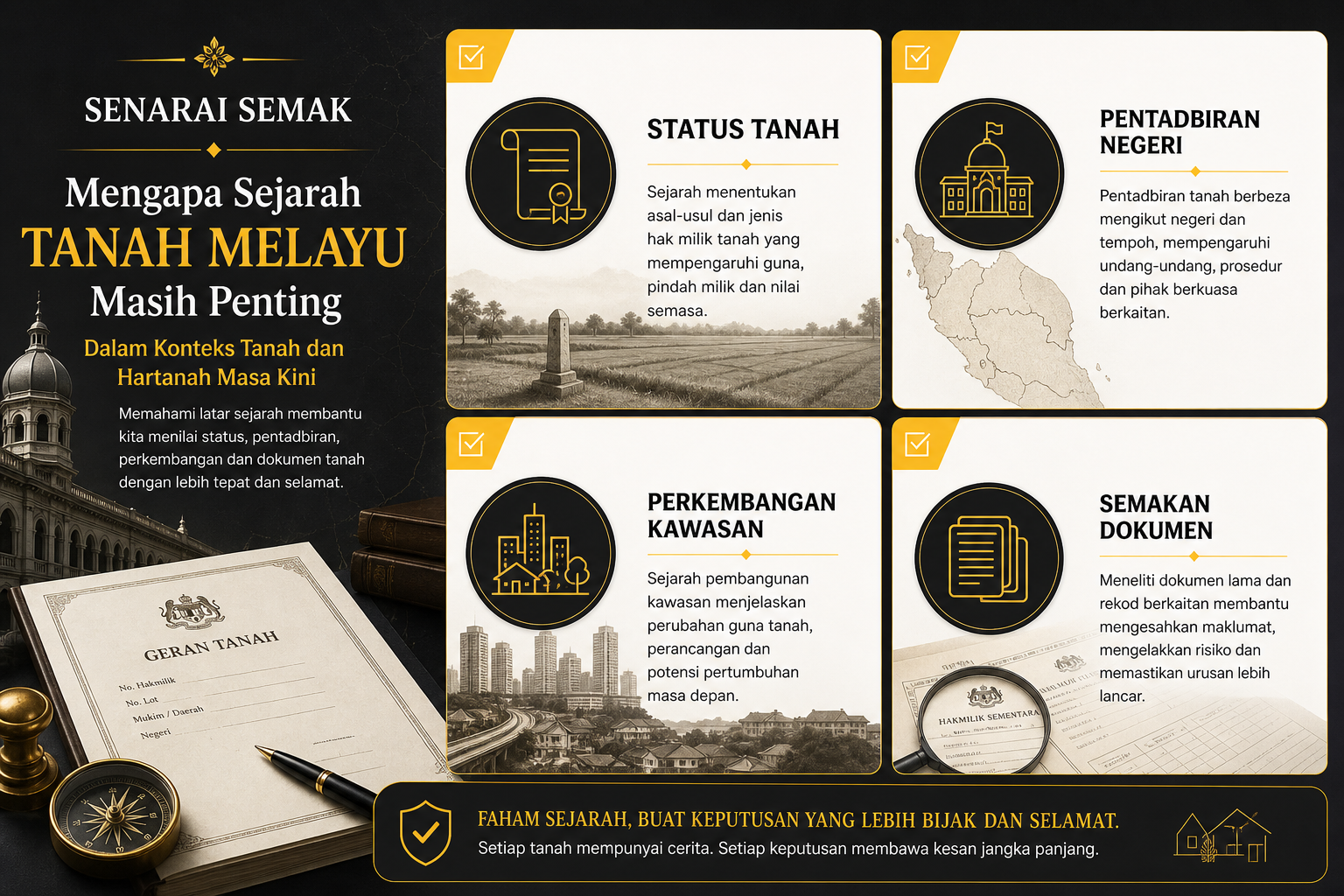 Infografik ringkas yang menunjukkan kenapa sejarah Tanah Melayu penting dalam konteks tanah dan hartanah.