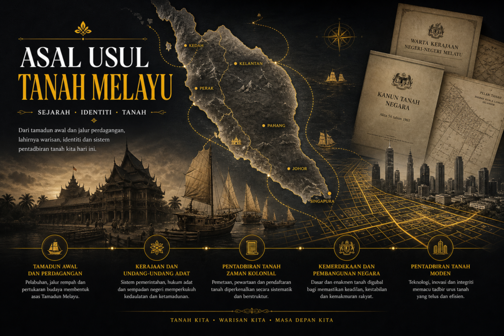 Ilustrasi editorial asal usul Tanah Melayu dengan peta, sejarah dan elemen warisan Melayu.