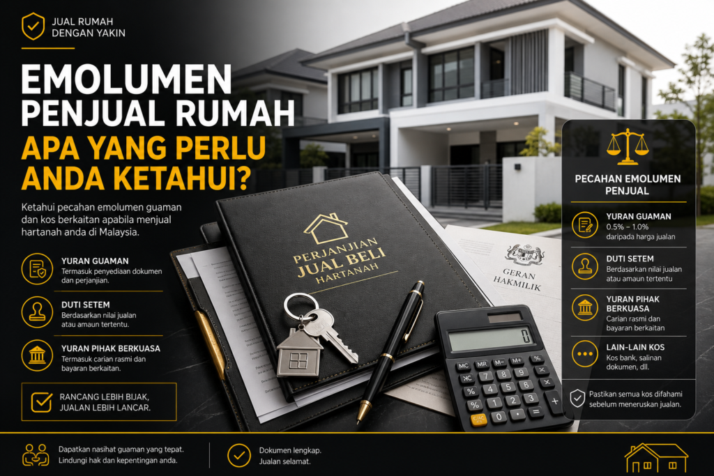 Visual editorial kos guaman penjual rumah dengan dokumen, kunci dan kalkulator.