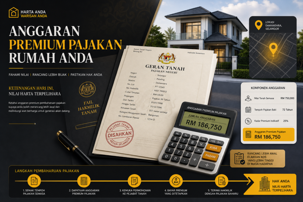 Visual editorial premium tentang kiraan renew premium leasehold untuk hartanah.