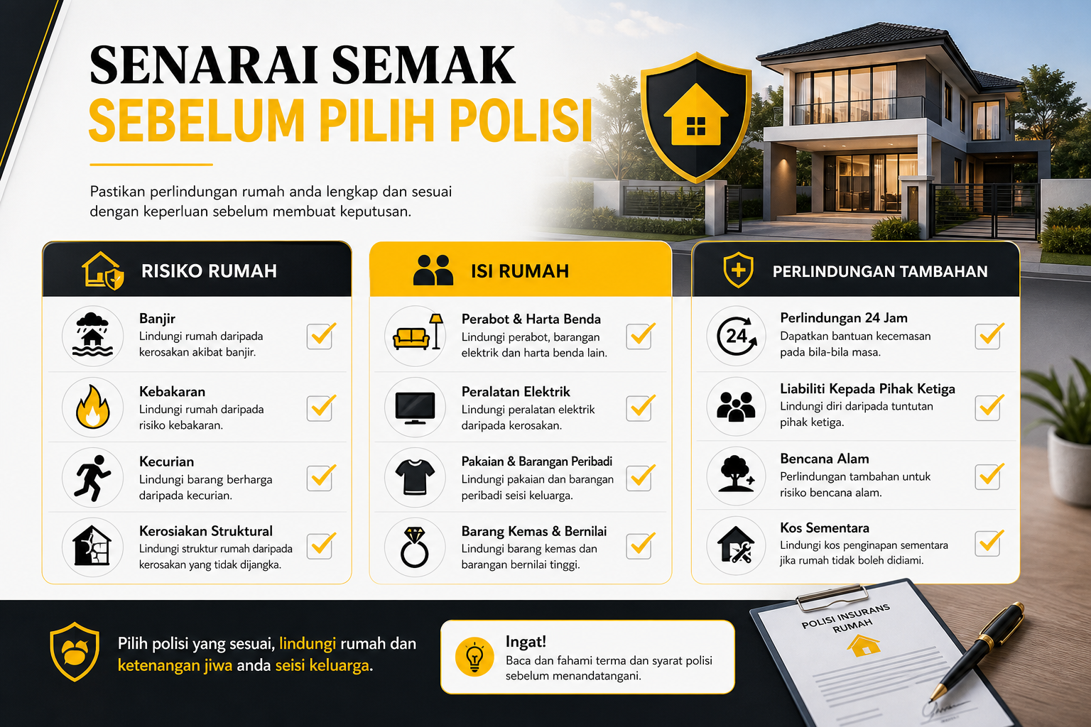 Senarai semak premium untuk membantu pemilik menilai pilihan insurance rumah dan perlindungan tambahan.