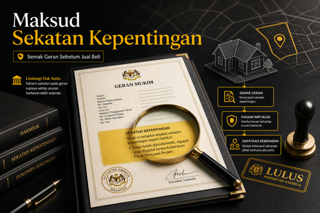 Ilustrasi sekatan kepentingan dalam geran dengan dokumen hak milik dan simbol semakan undang-undang.