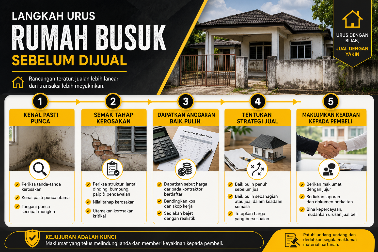 Infografik langkah demi langkah mengurus rumah busuk sebelum dijual