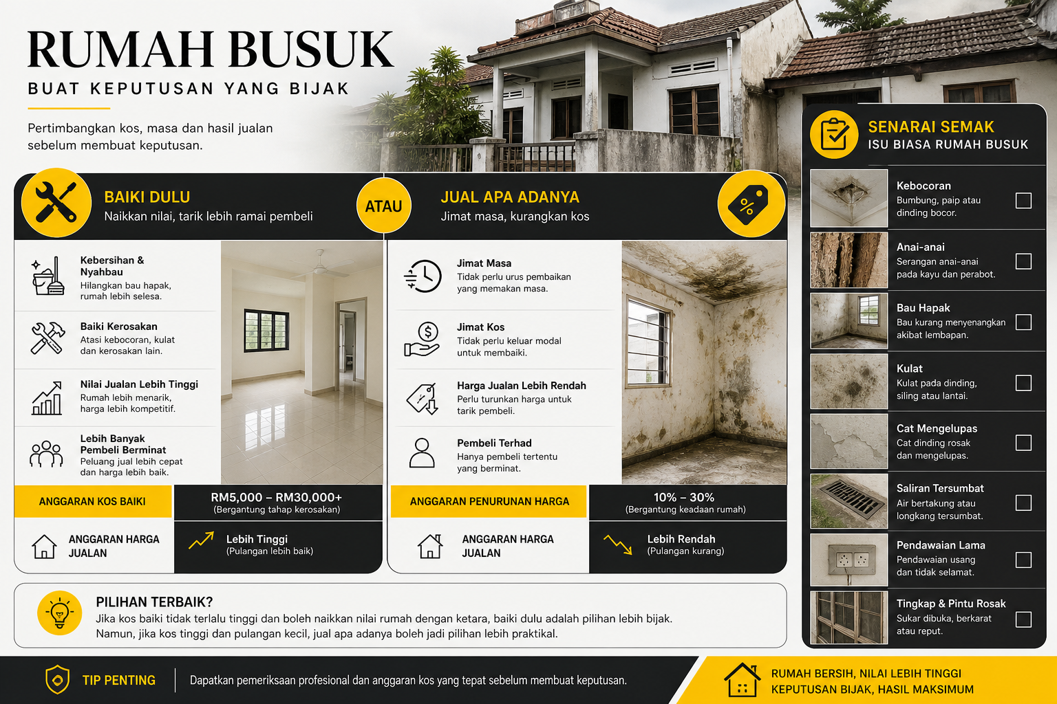 Perbandingan kos dan senarai semak untuk rumah busuk