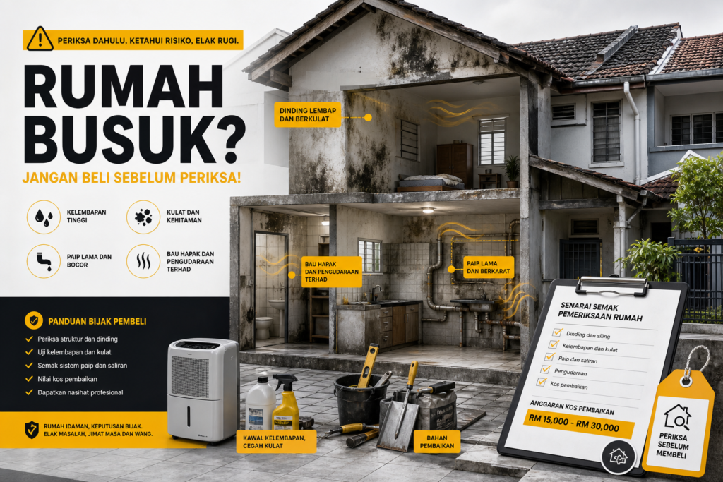 Rumah busuk dengan tanda lembap, pembersihan dan pemeriksaan hartanah